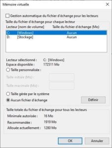 choisir aucun fichier d'échange windows 10