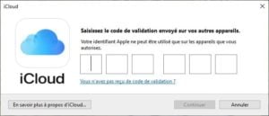 icloud windows 10 code de validation
