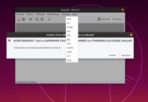 creer table de partition gparted ubuntu