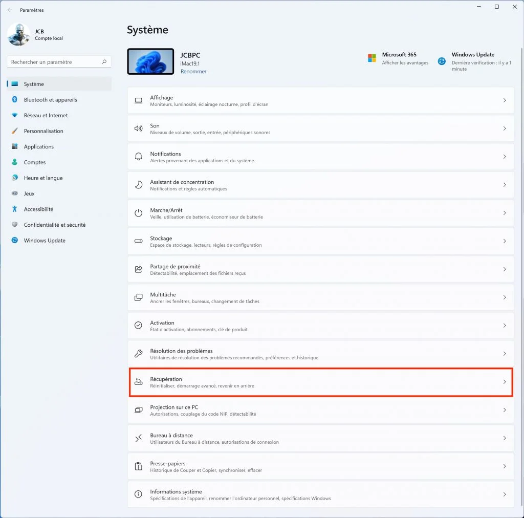 Demarrer Windows 11 en mode sans echec Recuperation
