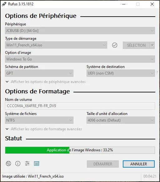 copier fichier ISO windows 11 sur cle usb