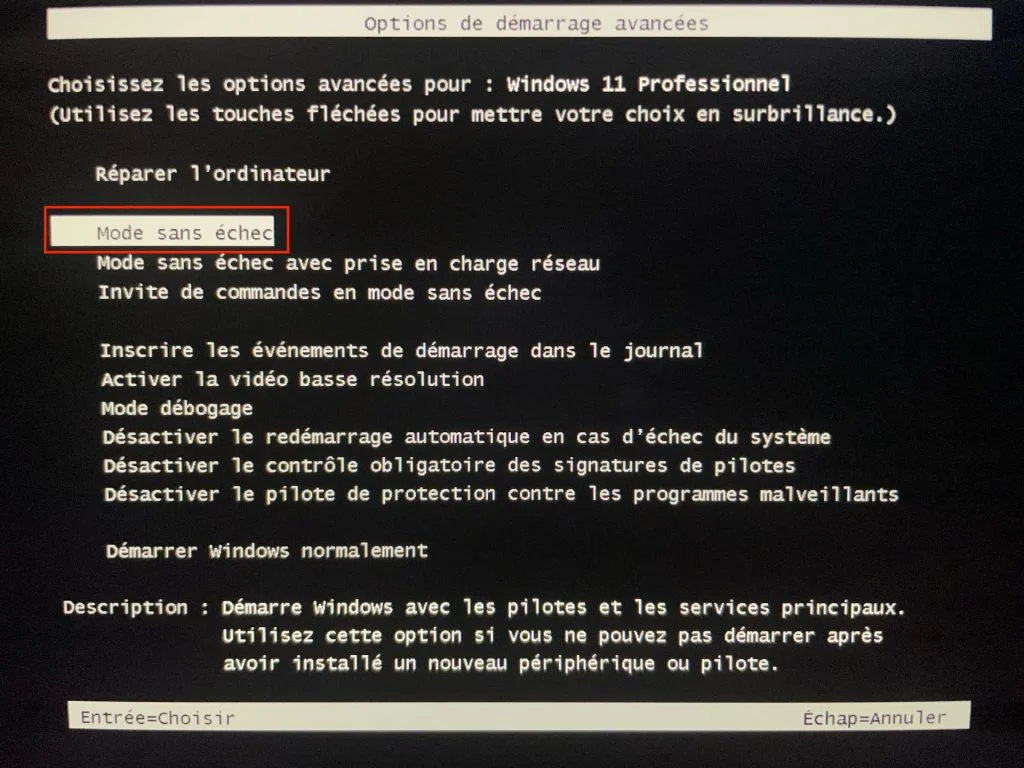 mode sans echec via touche F8 windows 11