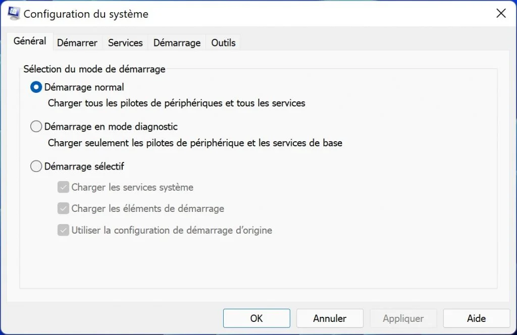 msconfig windows 11 demarrage normal