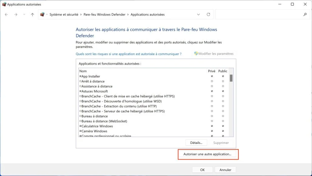 Autoriser une application via le pare-feu windows 11