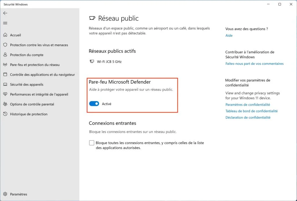 activer ou desactiver firewall windows 11