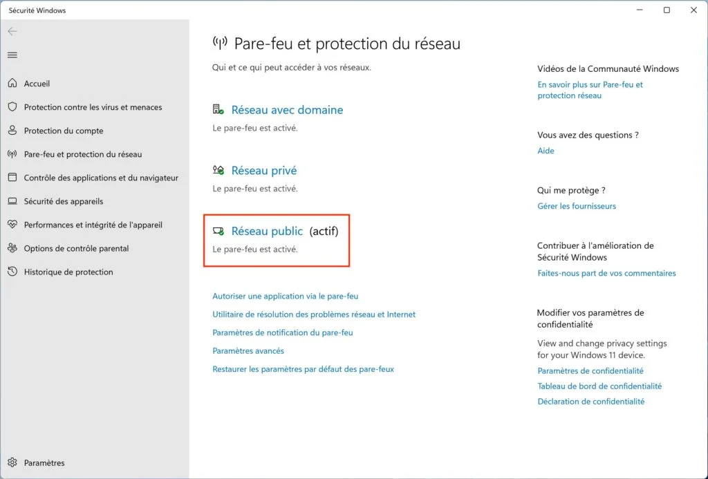 comment activer le firewall de windows 11