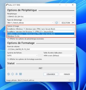 installation windows 11 rufus sans TPM sans Secure Boot