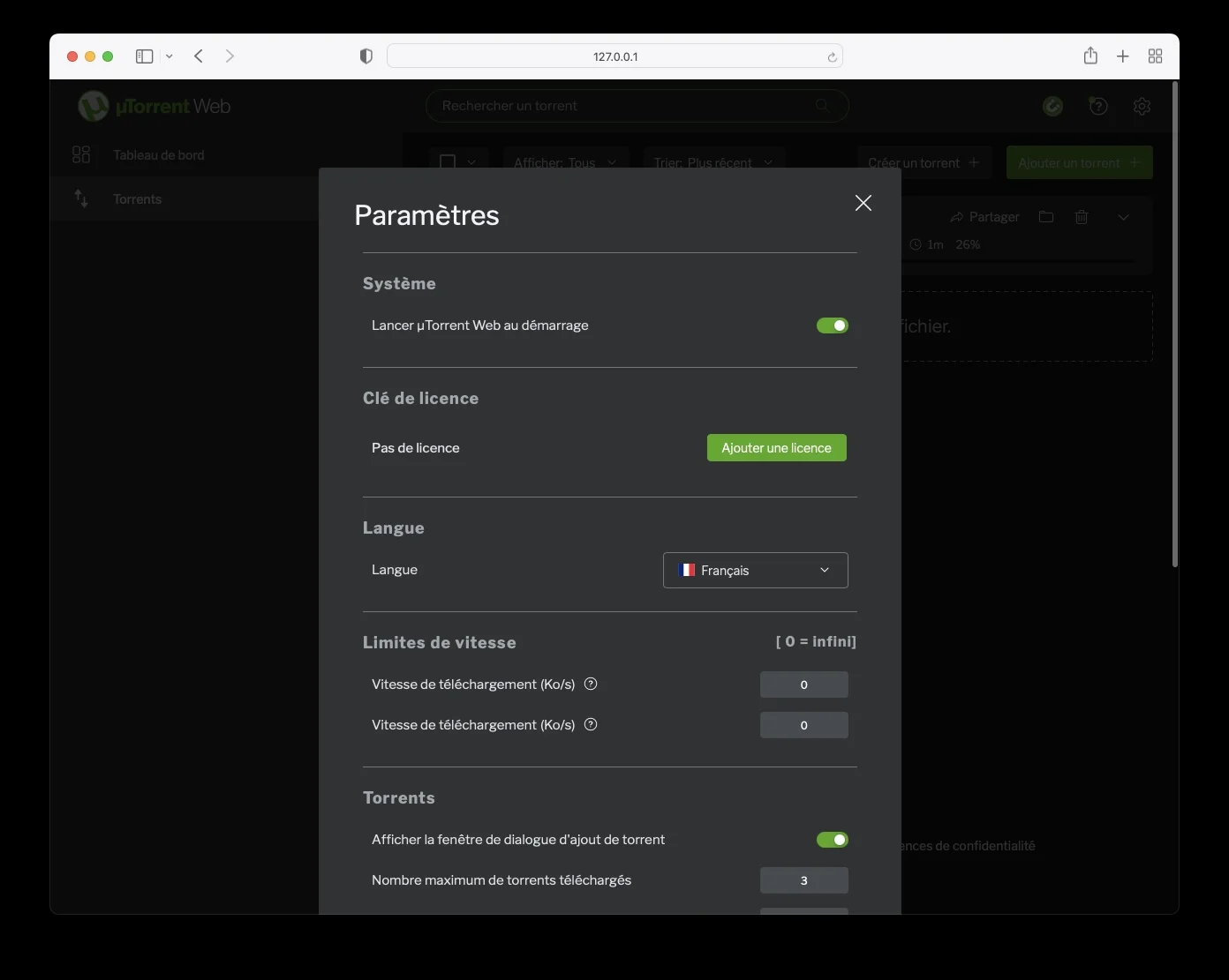 utorrent web parametres macos