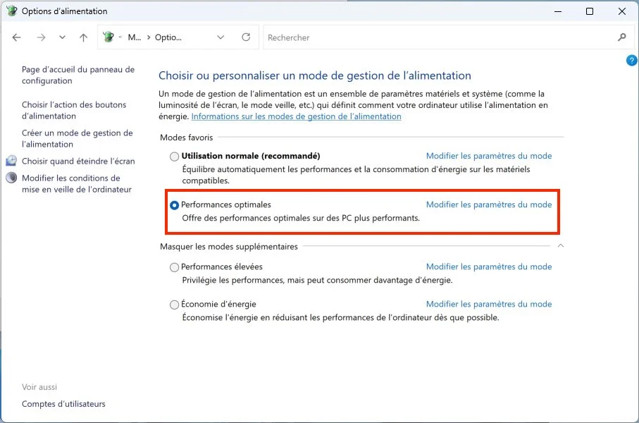 mode Performances optimales de Windows 11 actif