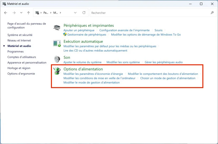 options d alimentation windows 11