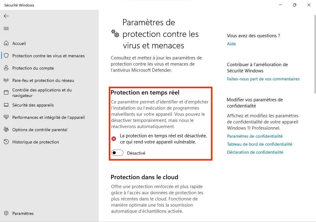 Comment désactiver Microsoft Defender sous Windows 11 / 10 (provisoirement ou définitivement) 5 desactiver temporairement protection en temps reel windows 11