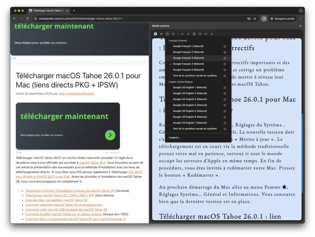 Google chrome mode lecture changer voix