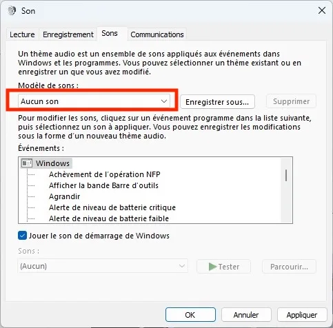 desactiver tous les sons de windows 11