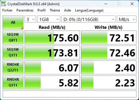 Test Lexar D40E 128 Go : la clé USB-A / USB-C universelle (PC, Mac, iPhone, Android, TV...) 5 Lexar D40E CrystalDiskMark test vitesse Windows