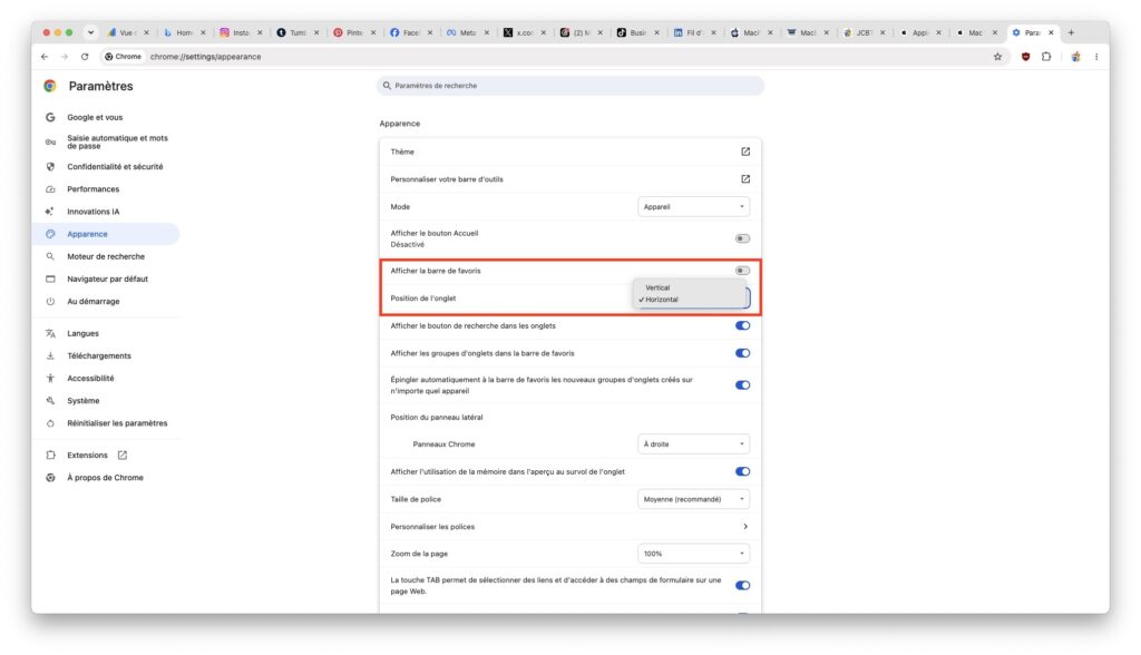 Comment afficher les onglets verticaux Google Chrome 3 onglets verticaux google chrome parametres et apparence